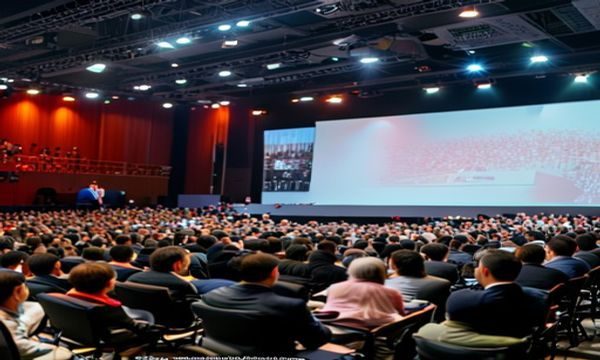 行业峰会现场，大光屁股SP代表在台上发表关于互联网内容服务未来趋势的主题演讲，台下听众专注聆听